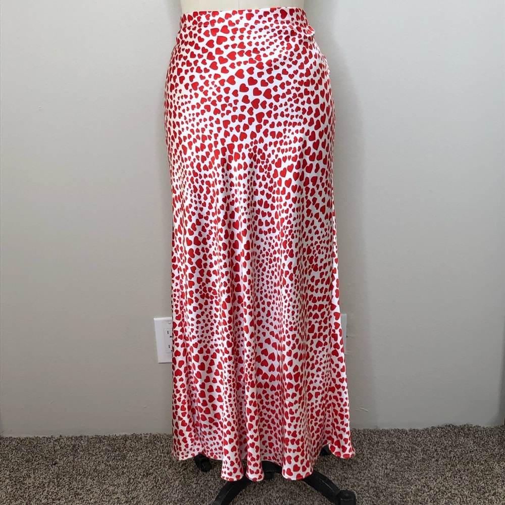 Rachel Zoe Red White Hearts MIDI Skirt, Large